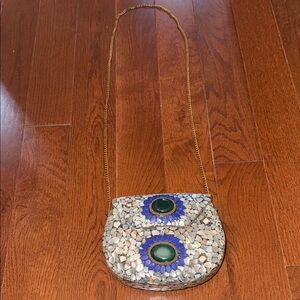 Handcrafted Mosaic Evening Crossbody Bag in Cream and Blue